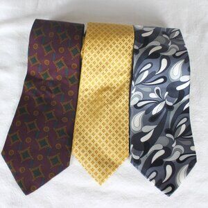 3 Men's Tie-Plum Paisley Tommy Hilfiger-Gold Geoffrey Beene-Gray Geo Arrow-Silk